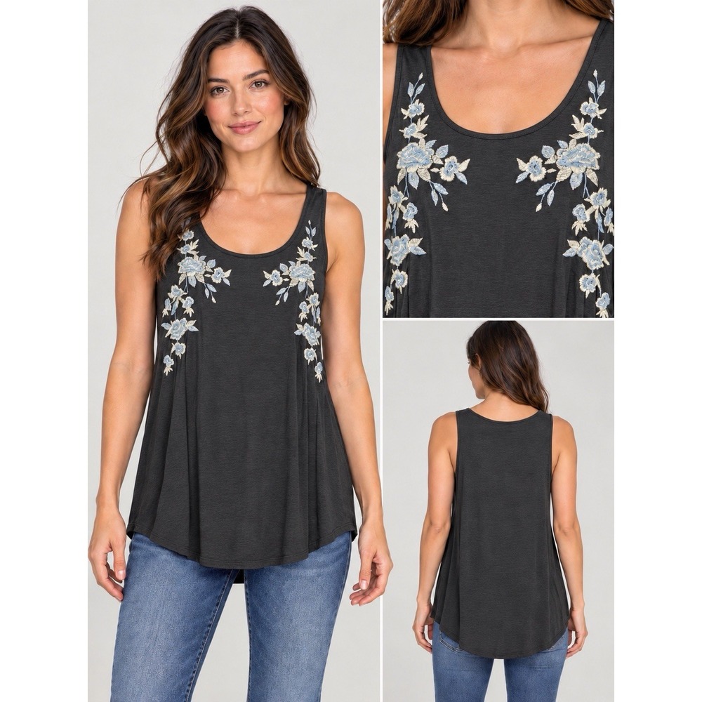 American Eagle Soft & Sexy Tank Top Gray Floral Embroidery Medium Flowy Festival